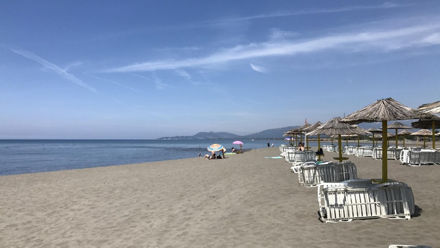 Wide sandy beach Ada Bojana in Montenegro with sun umbrellas, loungers, and peaceful sea view on a sunny day