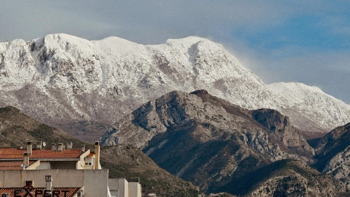 Mountain tops covered in snow.