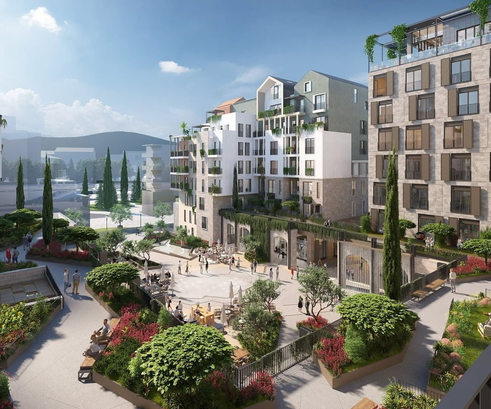 Architectural rendering of a vibrant residential area with modern apartment buildings surrounded by greenery, communal outdoor spaces, and people socialising in a sunlit square.