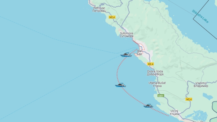 A map showing yachting route from Bar to Ulcinj.