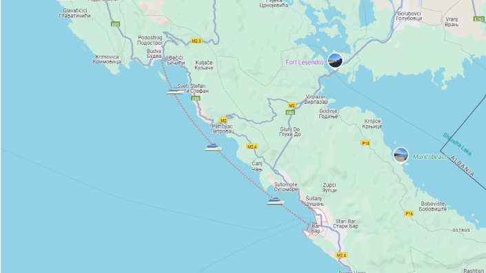 A map showing a sailing route from Budva to Bar.