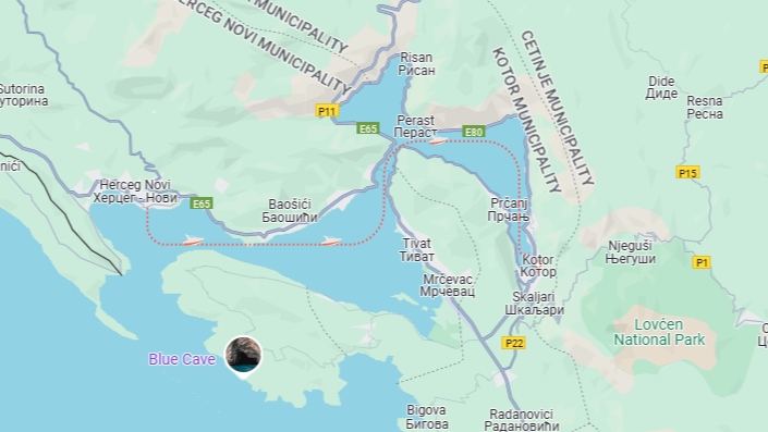 A map with route from Herceg Novi to Kotor.