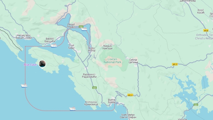 A map showing route from Kotor to Budva.