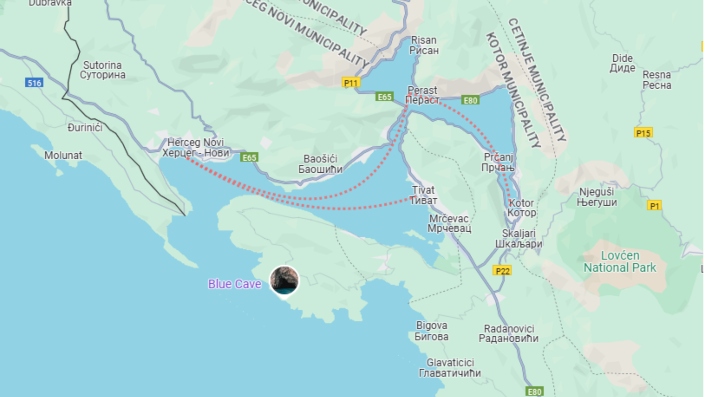 A map of Bay of Kotor with sailing routes.