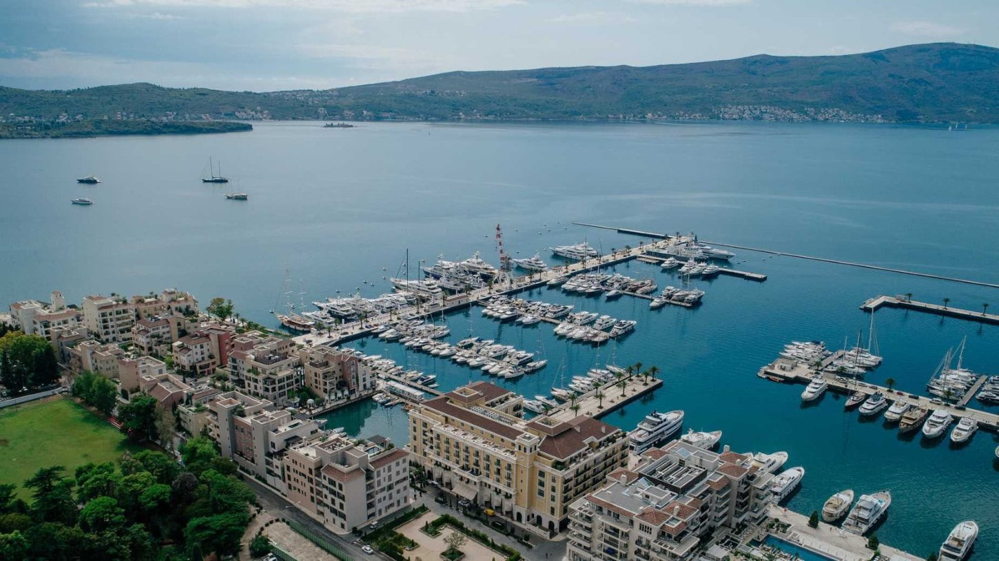 Marina with mountains in background