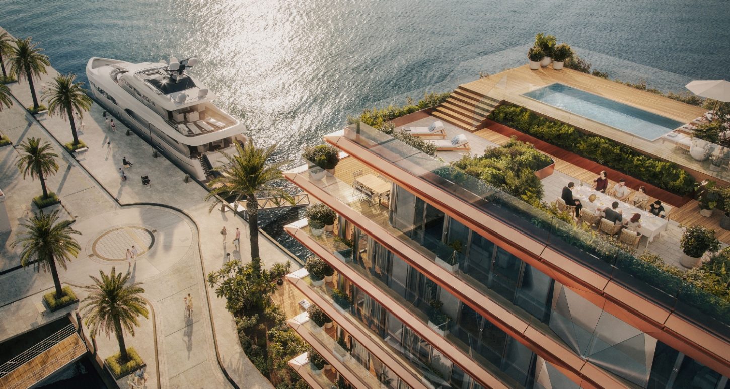 Exquisite AERIS residence with an opulent waterfront view, showcasing a sleek yacht at the private dock, a lavish rooftop terrace complete with an infinity pool, elegant dining area, and lush, meticulously curated greenery.