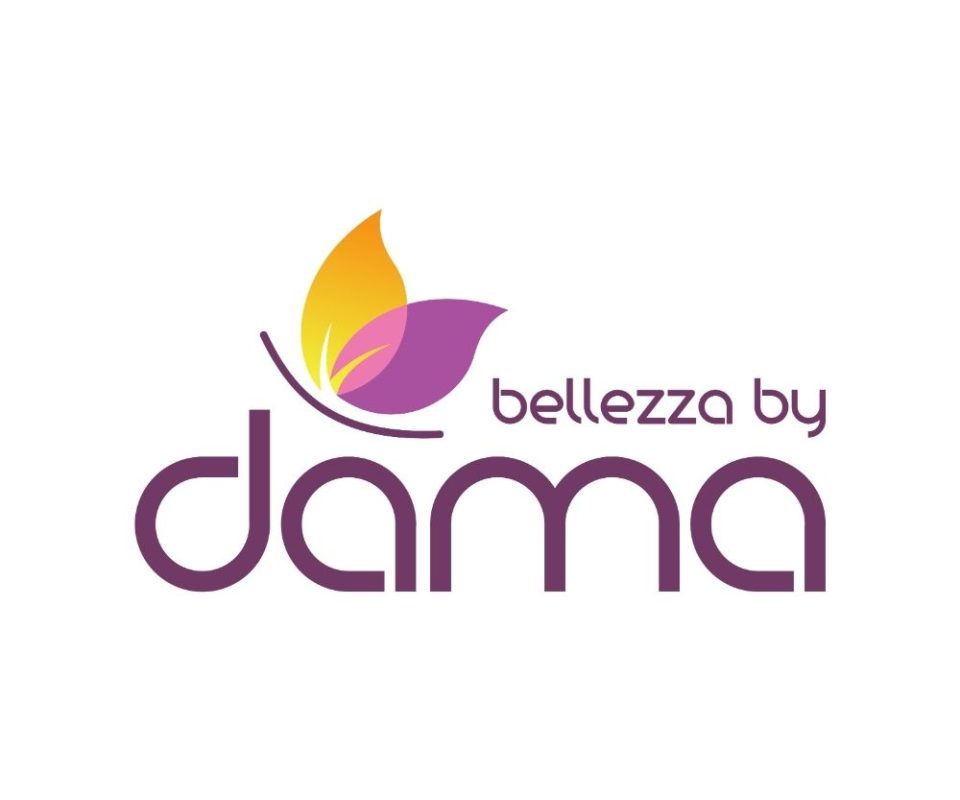 Logo of 'Bellezza by Dama' featuring a stylized purple and orange leaf-like design above the brand name in a modern, elegant font.