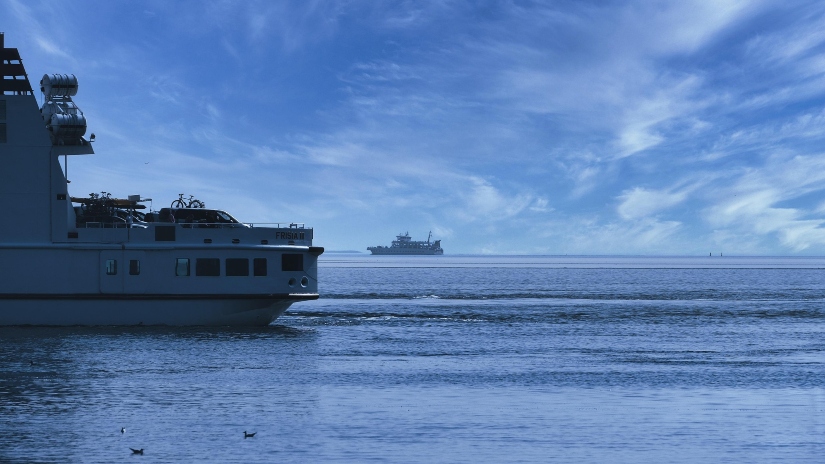 A large passenger ferry sailing on the open sea, operating the international route between Bar, Montenegro and Bari, Italy.