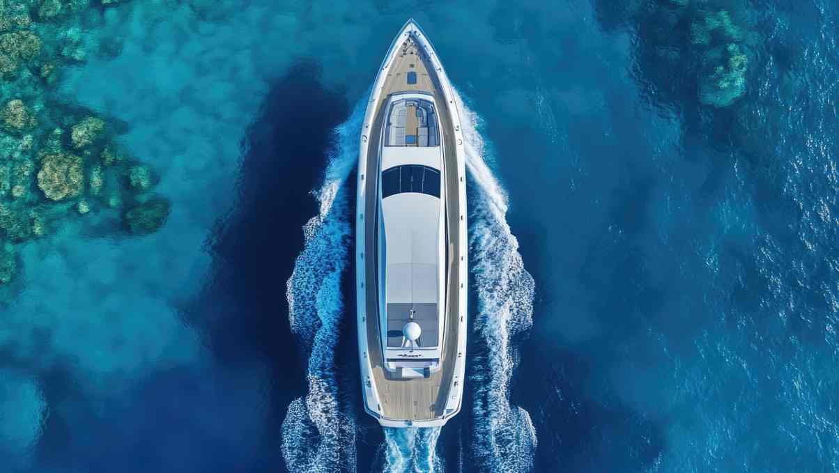 Single modern luxury yacht on calm water, view under a clear sky.