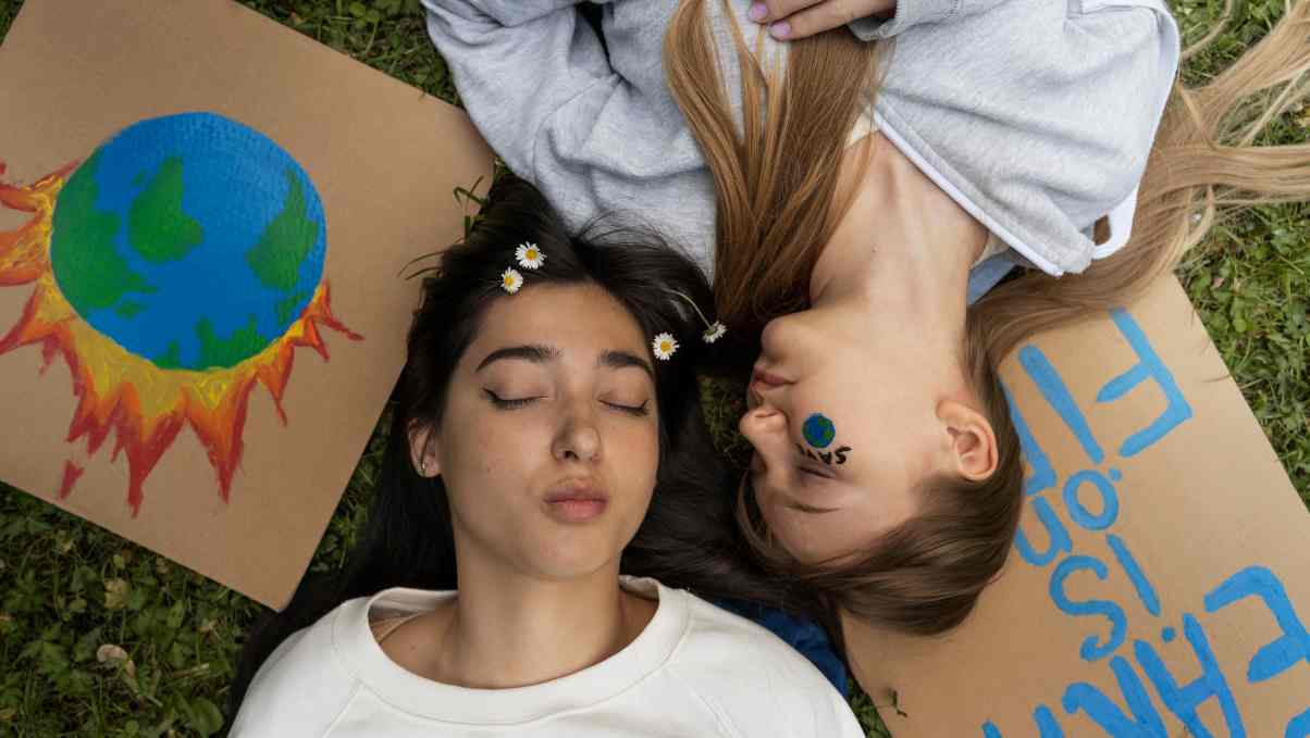 Two young climate activists from Generation Z lie on the grass next to protest banners that read "The Earth is on Fire" and illustrations of the Earth on fire.