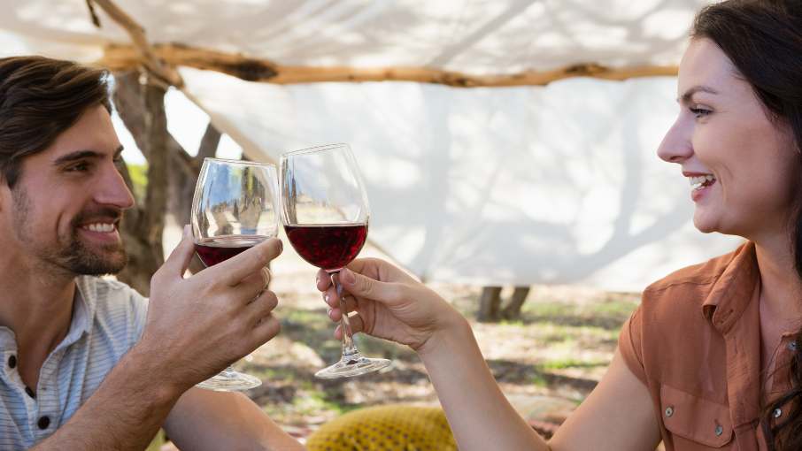 Couple toasting red wine in Montenegro.