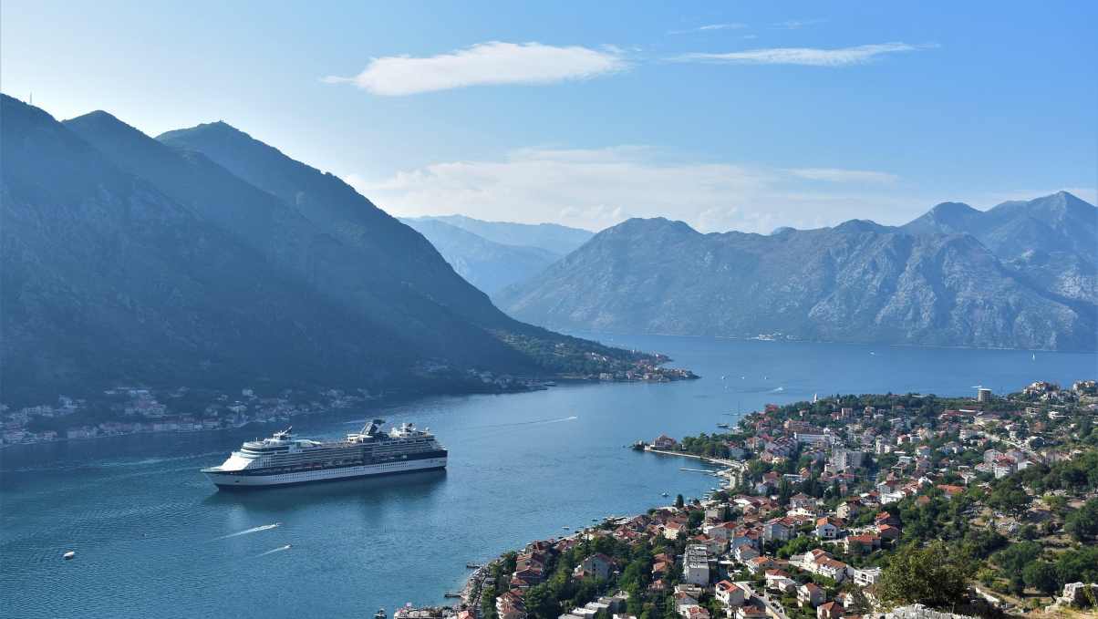 Ship sailing in the Bay of Kotor during a luxury vacation in Montenegro.